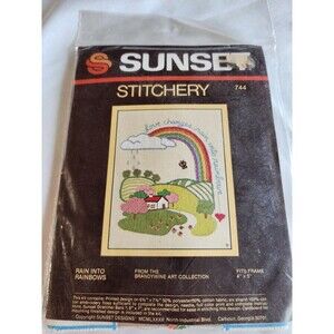 Sunset Stitchery - Rain Into Rainbows Kit  - Unopened 4x5 Sunset Designs 1982